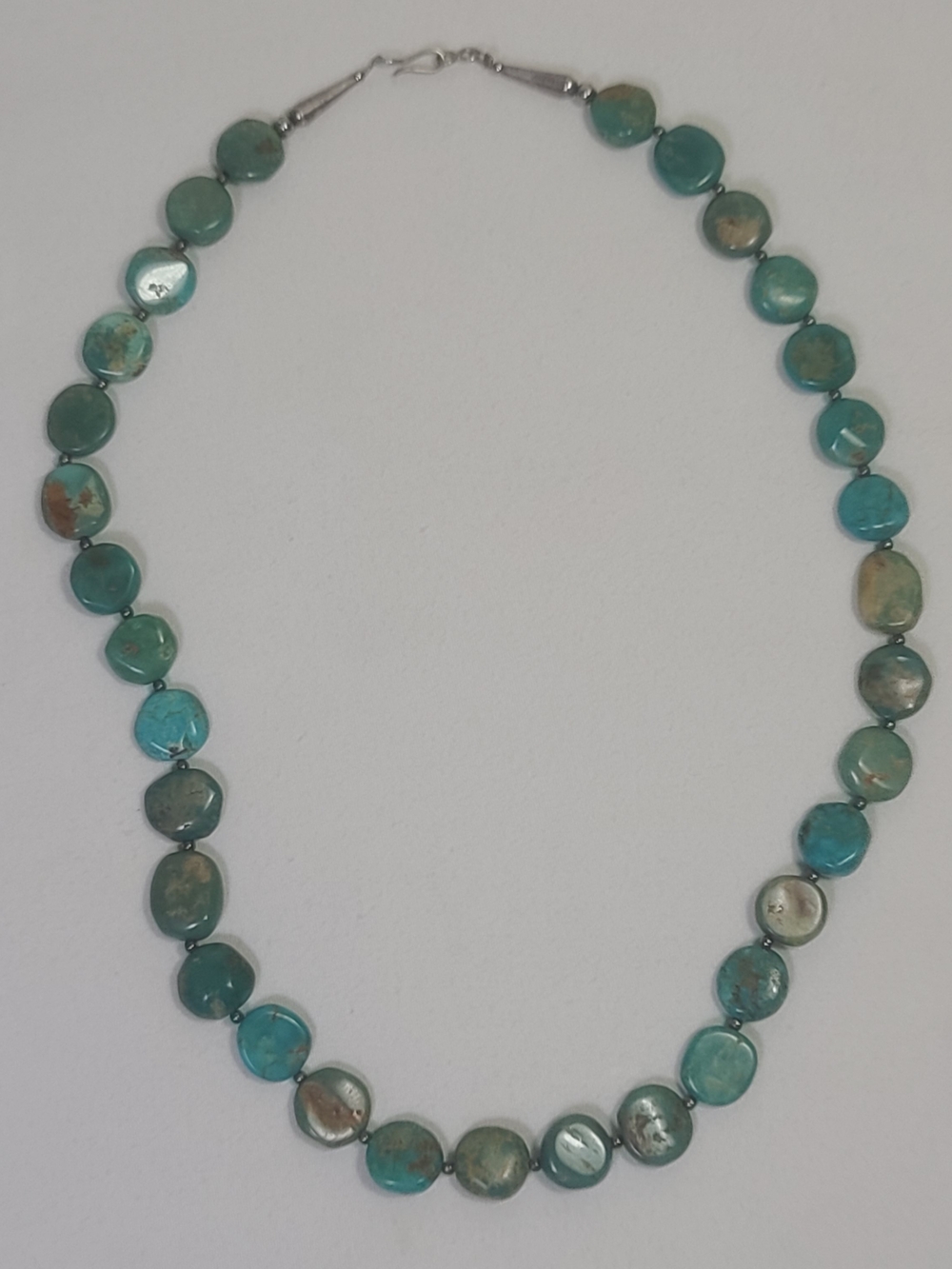 Native American Navajo Sterling Silver Green Matrix Turquoise Beaded Necklace